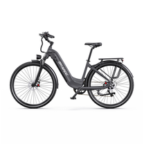 Vélo électrique gris OneSport OT05 Max à cadre bas, vue de côté gauche, avec porte-bagages et garde-boue