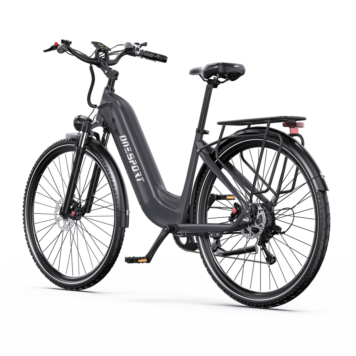Vélo électrique gris OneSport OT05 Max vu de trois quarts avant avec guidon, écran, selle et porte-bagages