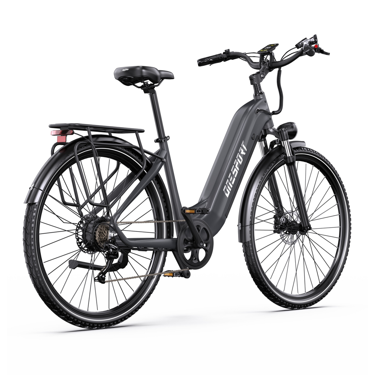Vélo électrique gris OneSport OT05 Max vu de trois quarts arrière avec porte-bagages, feu arrière et chaîne