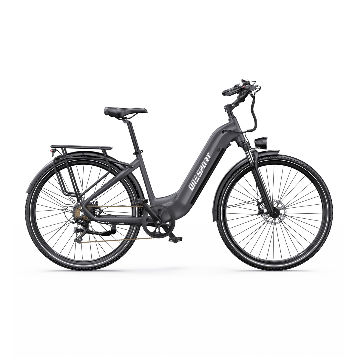 Vélo électrique gris OneSport OT05 Max à cadre bas, vue de côté droit, avec porte-bagages et garde-boue