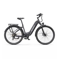 Vélo électrique gris OneSport OT05 Max à cadre bas, vue de côté droit, avec porte-bagages et garde-boue