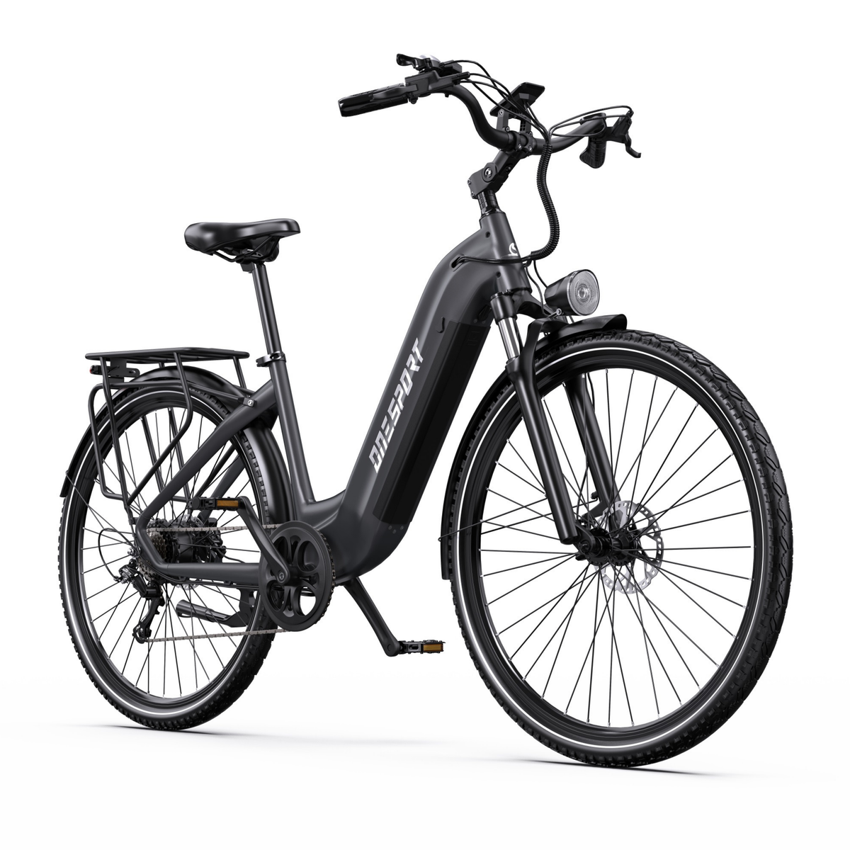 Vélo électrique OneSport OT05 Max noir, vue de trois quarts avant avec cadre bas, porte-bagages et fourche avant