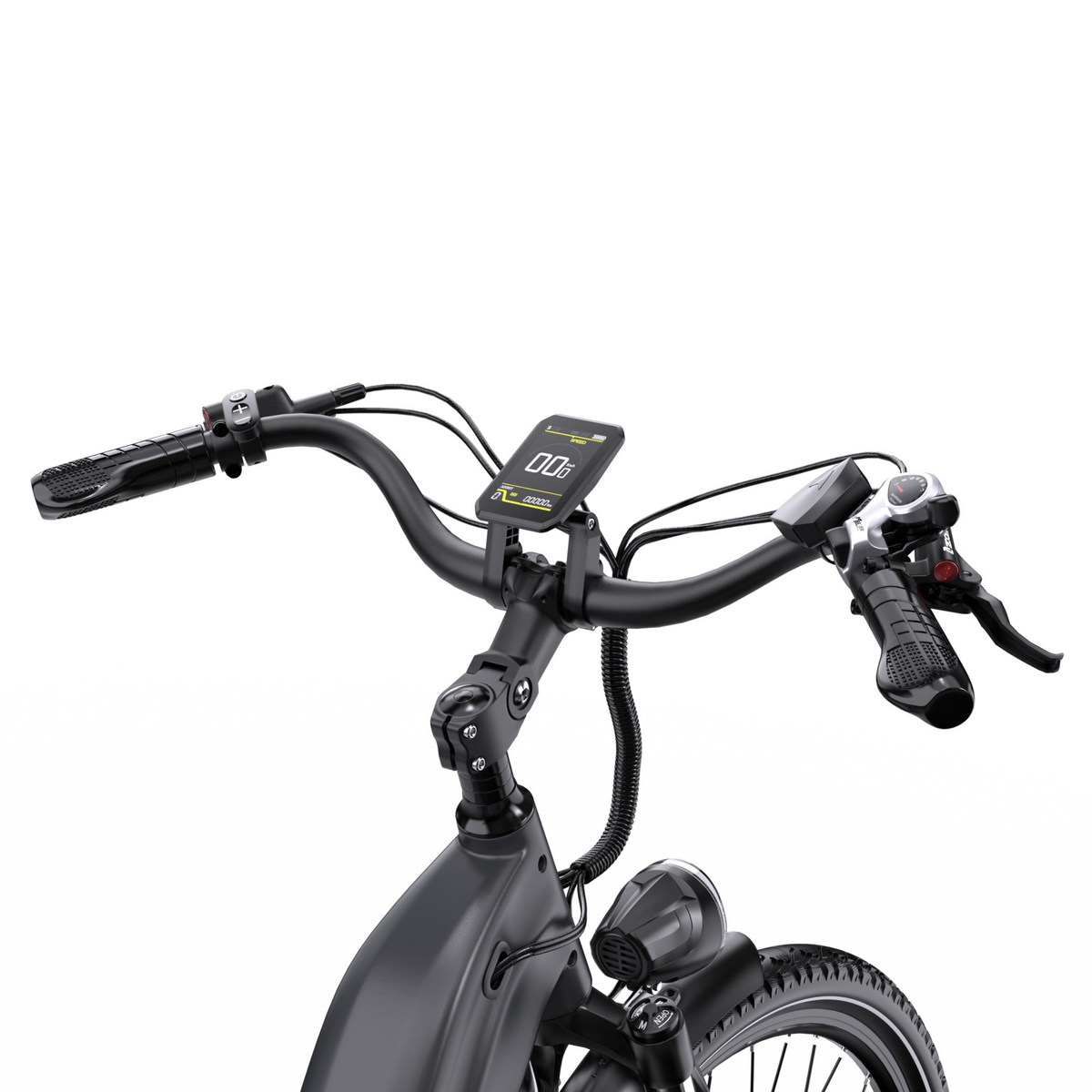 OneSport OT05 Max, gros plan sur le guidon avec écran, potence et phare avant