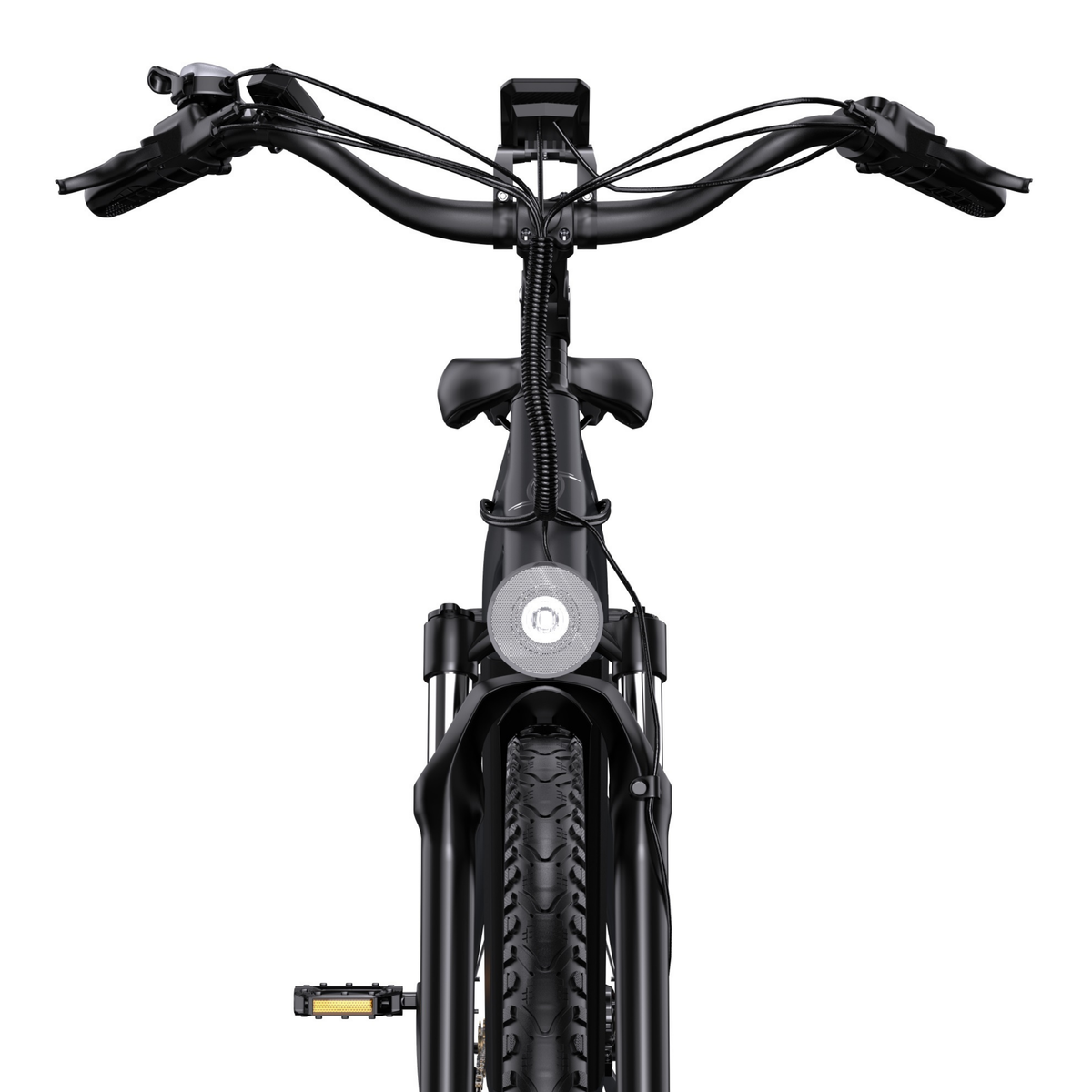 OneSport OT05 Max vu de face avec guidon, écran, phare avant, fourche avant et pneu avant