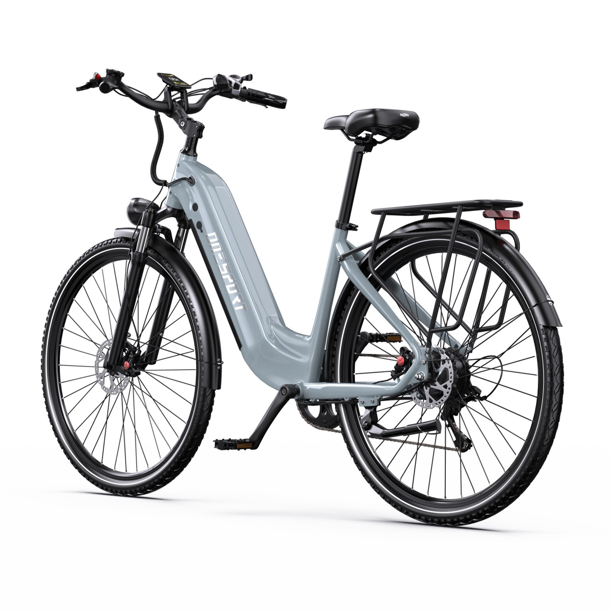 Vélo électrique gris OneSport OT05 Max vu de trois quarts arrière avec porte-bagages, feu arrière et selle