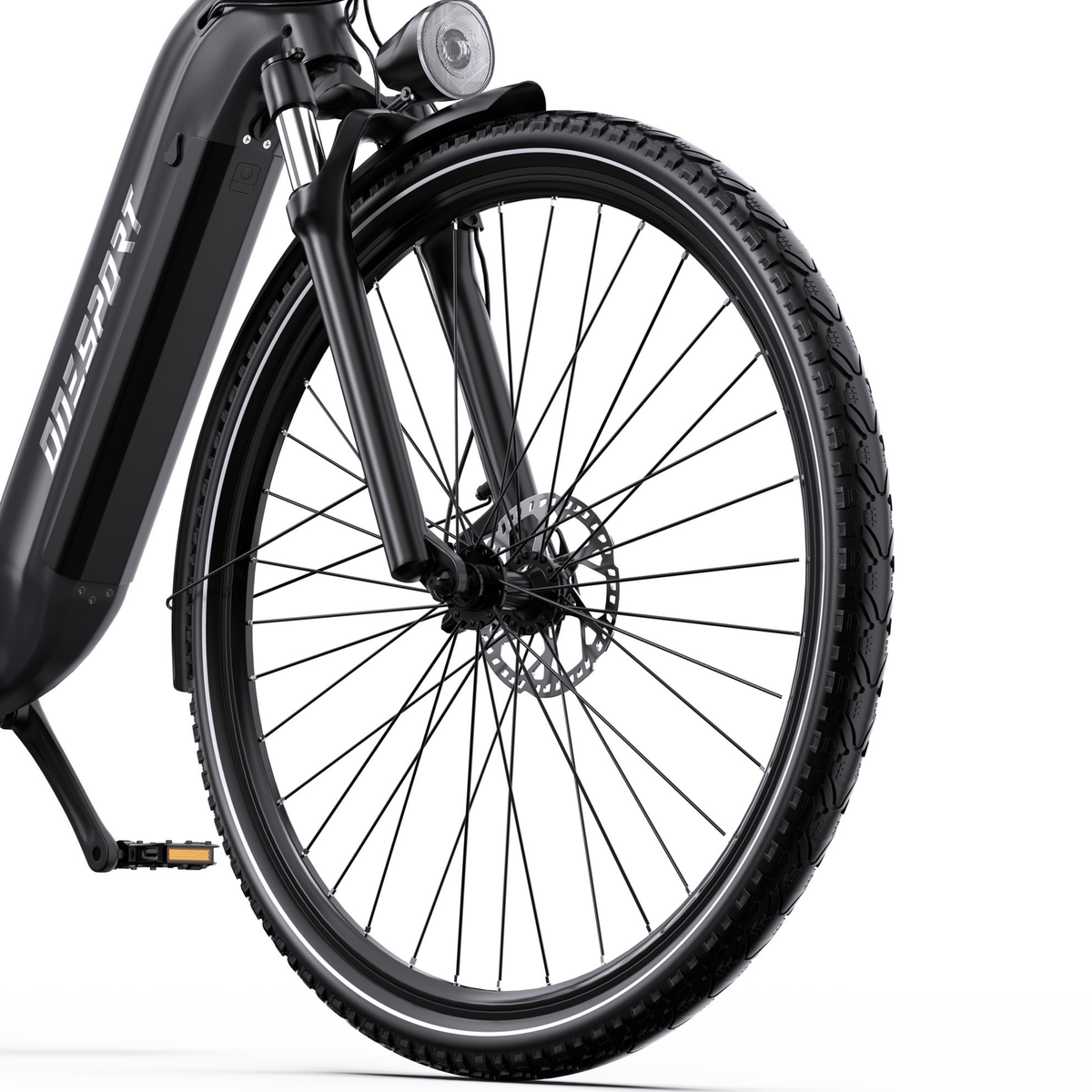 OneSport OT05 Max, roue avant avec frein à disque, fourche et garde-boue vus de côté