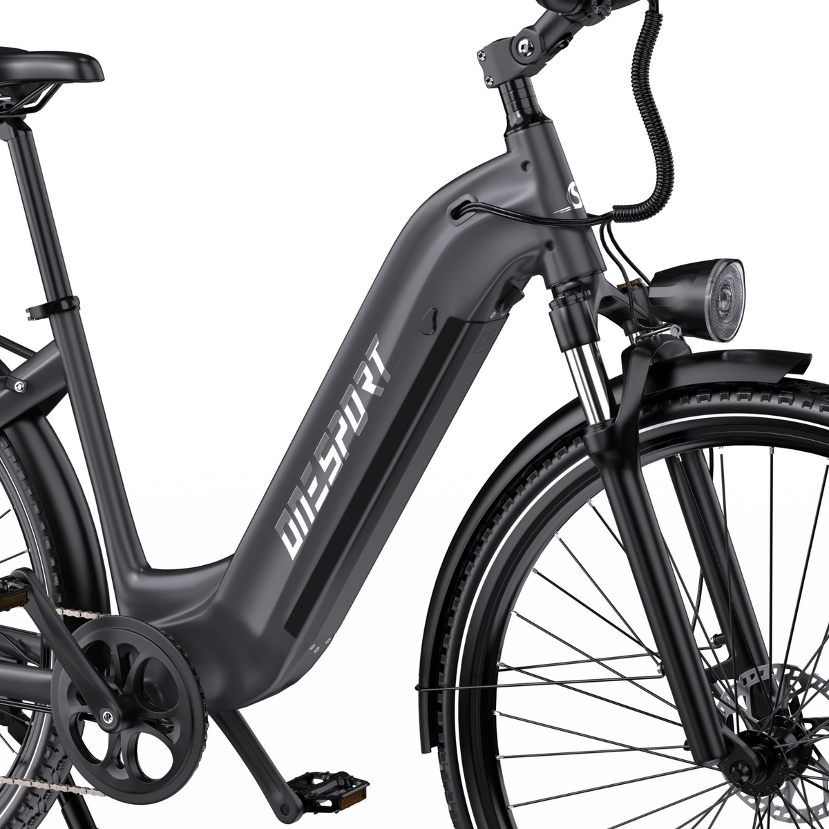 OneSport OT05 Max, cadre bas, selle, potence, phare avant et pédalier