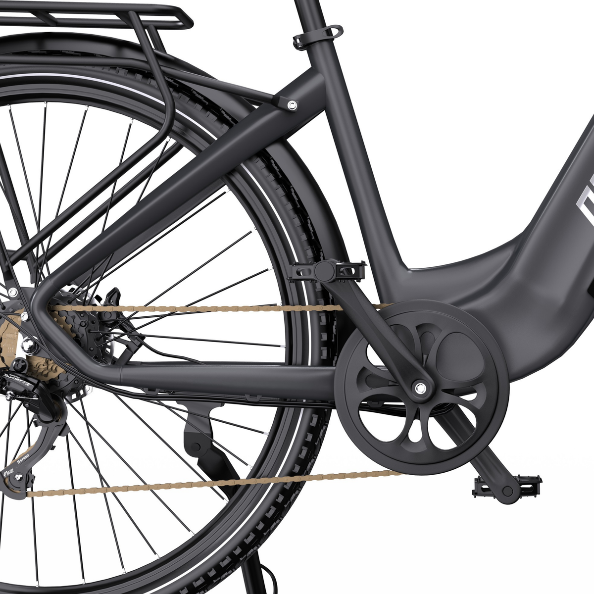 OneSport OT05 Max, gros plan sur la roue arrière, le cadre, le porte-bagages, la manivelle et la chaîne