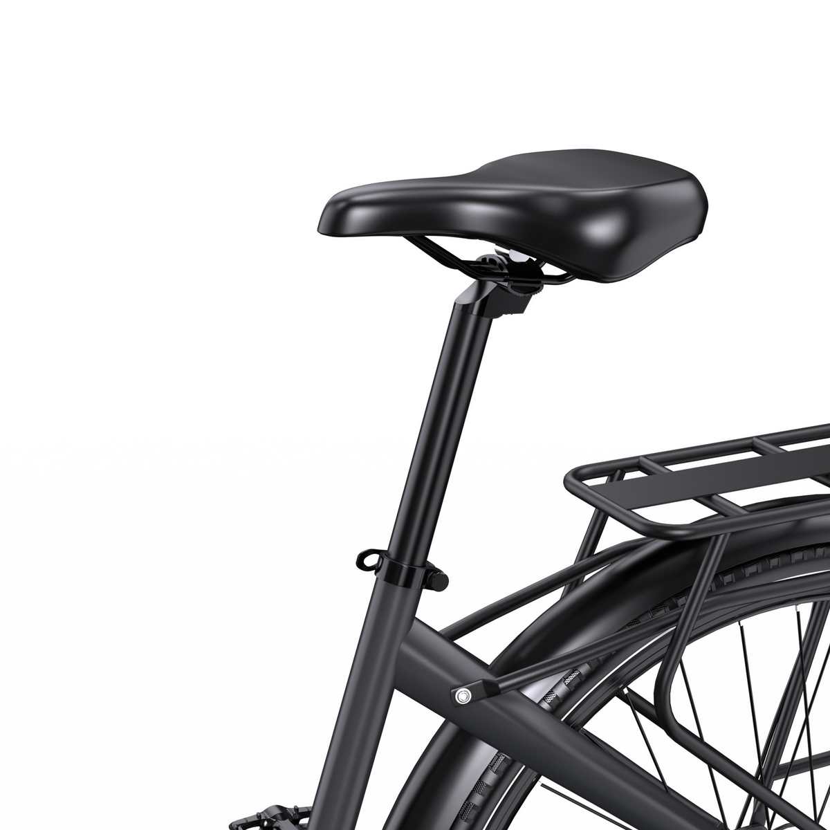 OneSport OT05 Max, gros plan sur la selle noire, la tige de selle et le porte-bagages vus de l'arrière