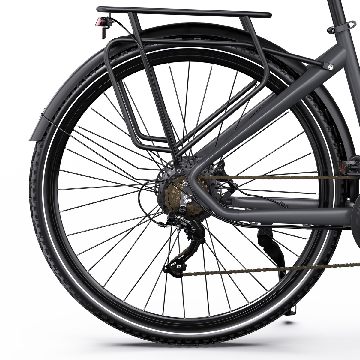 OneSport OT05 Max, vue latérale de la roue arrière avec porte-bagages, garde-boue, chaîne et dérailleur arrière