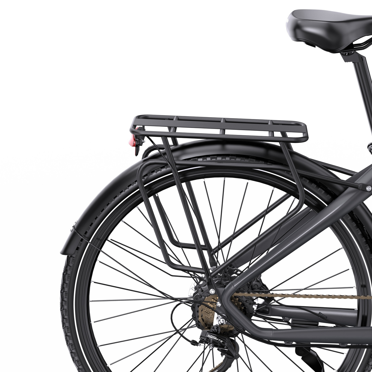 OneSport OT05 Max vu de côté, avec focus sur le porte-bagages, le garde-boue arrière, le feu arrière et la roue arrière