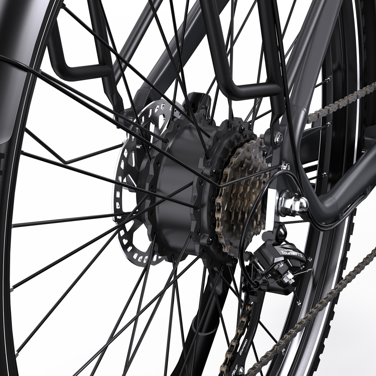 OneSport OT05 Max, gros plan sur le moyeu de la roue arrière avec disque de frein, cassette et dérailleur arrière
