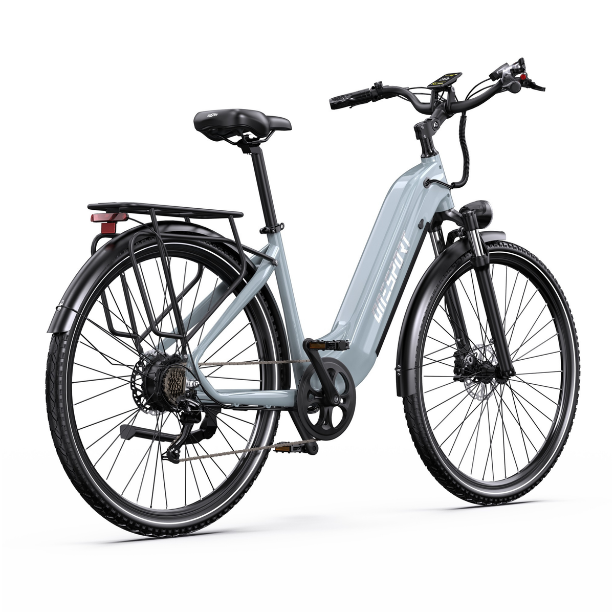 Vélo électrique gris OneSport OT05 Max vu de trois quarts arrière côté droit avec chaîne, porte-bagages et écran sur le guidon