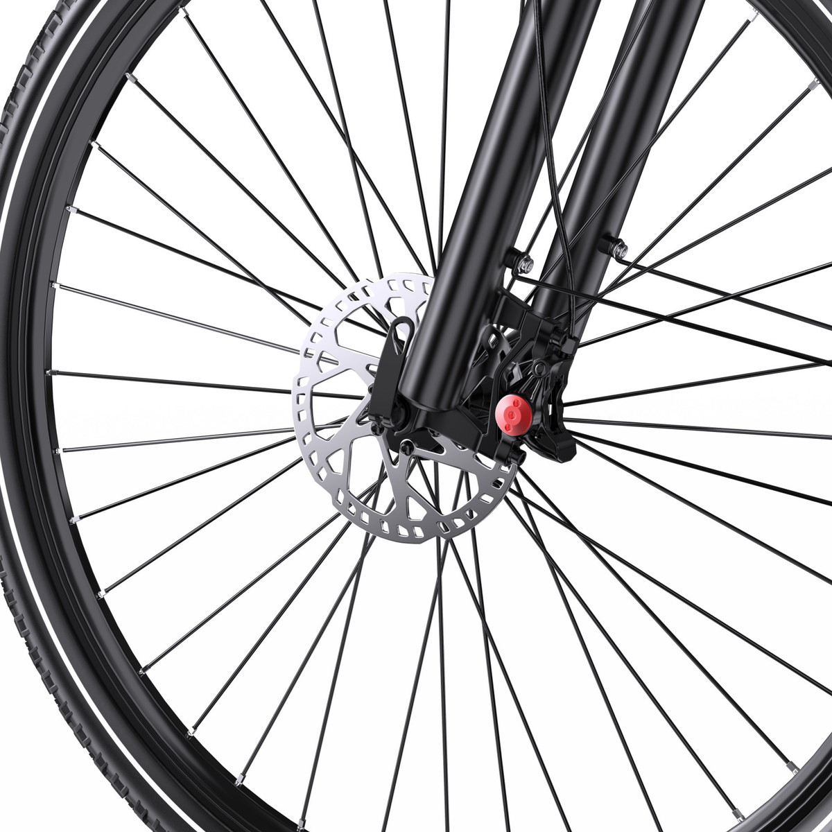 OneSport OT05 Max, gros plan sur la roue avant avec fourche avant, disque de frein et étrier de frein