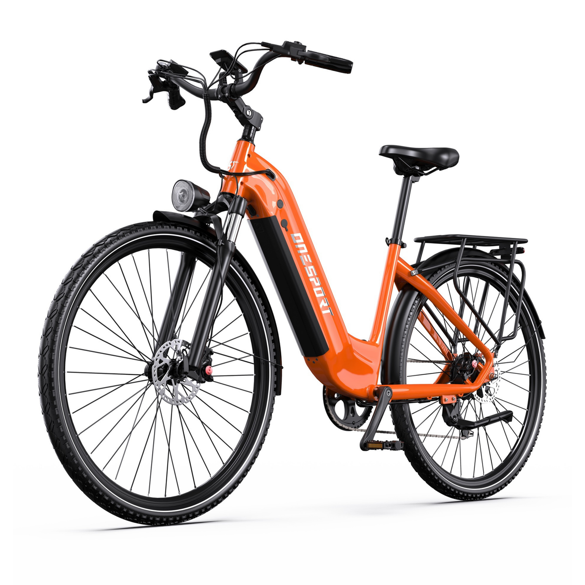 Vélo électrique OneSport OT05 Max orange avec cadre bas, vue de trois quarts avant