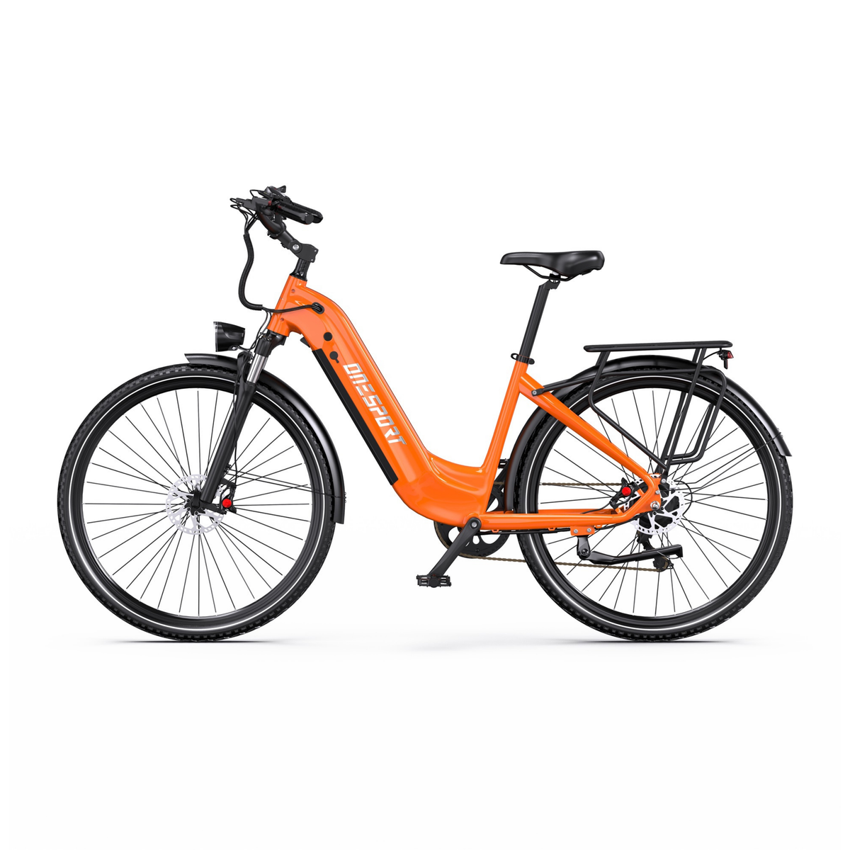 Vélo électrique OneSport OT05 Max orange avec cadre bas, vue de côté