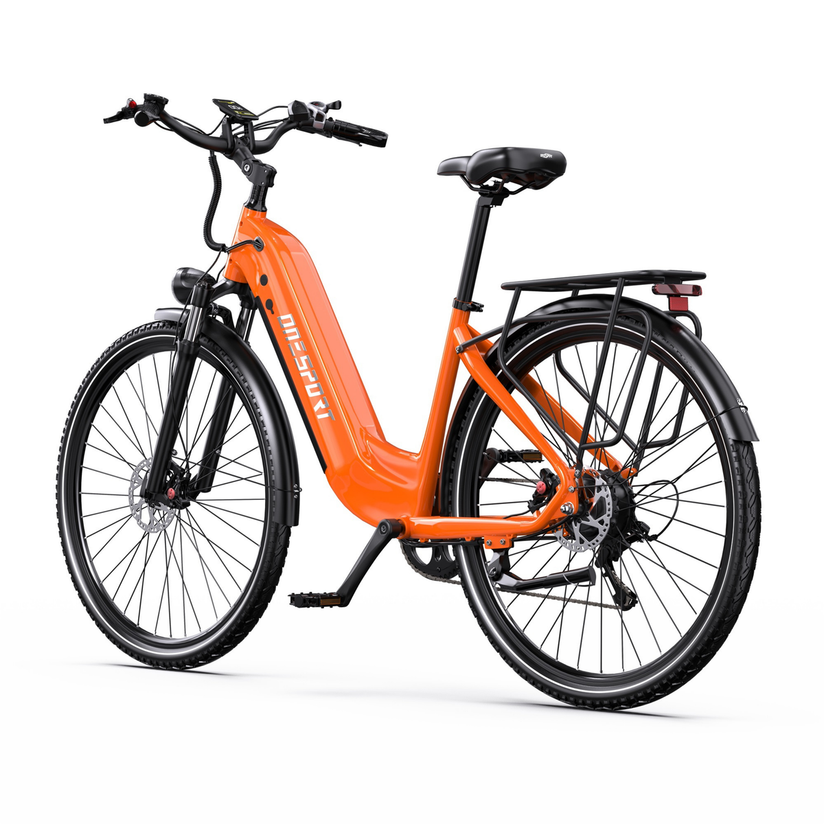 Vélo électrique OneSport OT05 Max orange, vue de trois quarts arrière avec porte-bagages et feu arrière