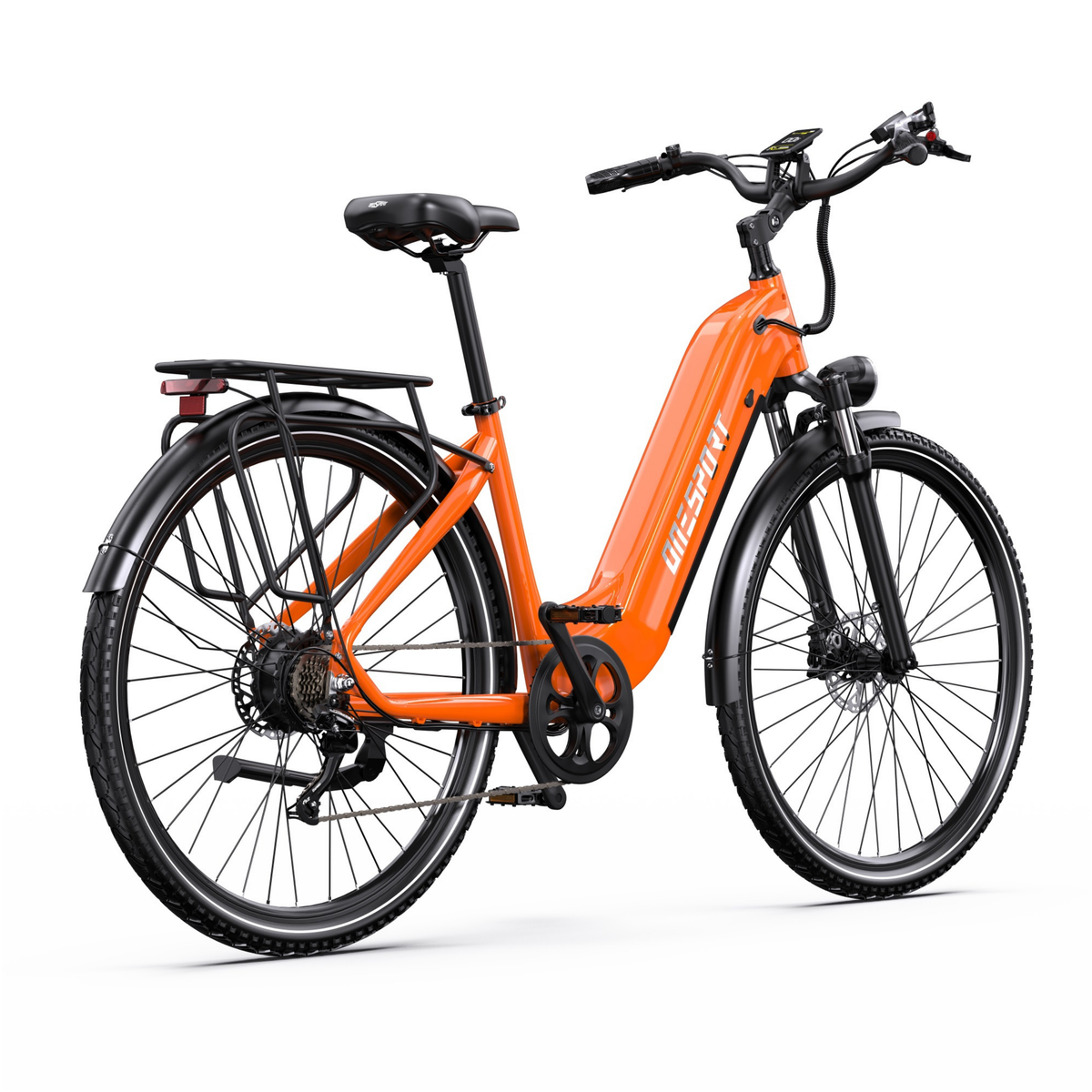 Vélo électrique OneSport OT05 Max orange, vue de trois quarts arrière depuis l'autre côté avec porte-bagages