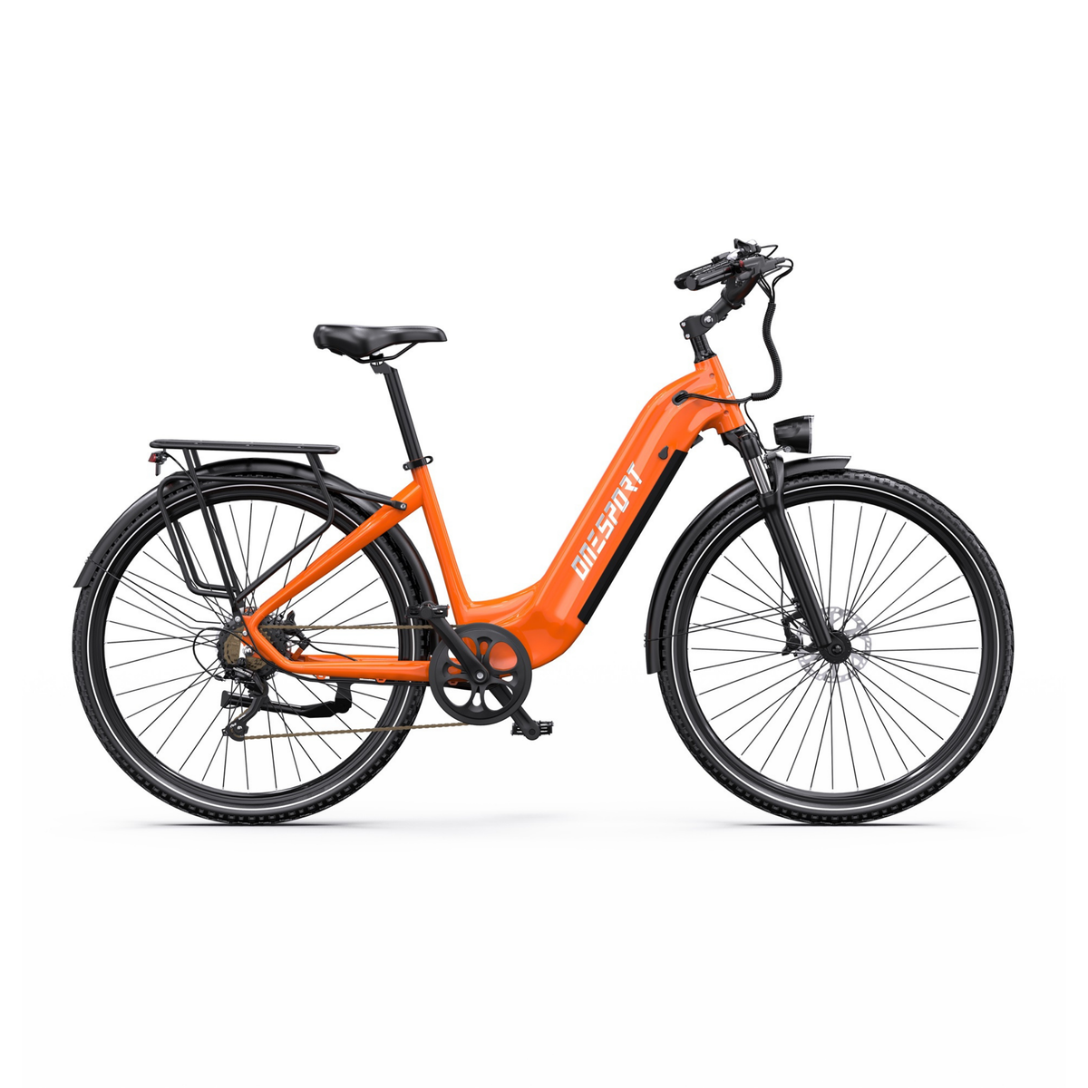 OneSport OT05 Max, vélo électrique orange avec cadre bas, vu de côté