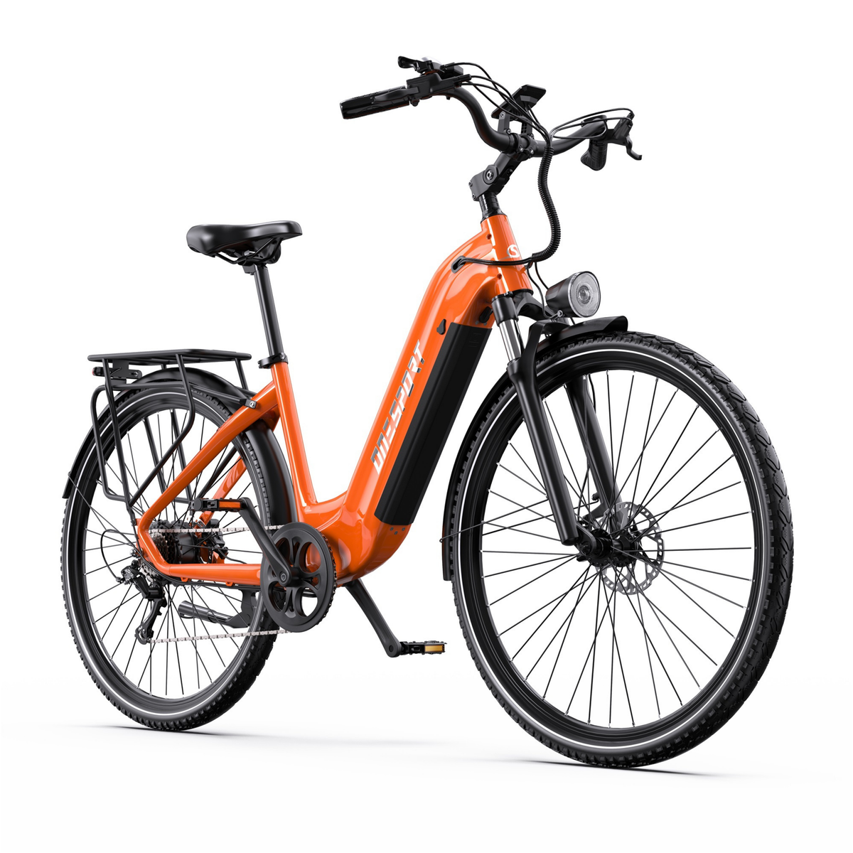OneSport OT05 Max, vélo électrique orange vu de trois quarts avant avec batterie dans le cadre
