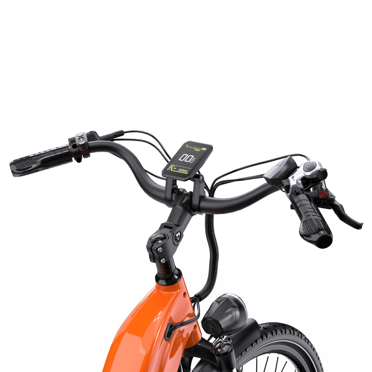 OneSport OT05 Max, gros plan sur le guidon avec écran et phare avant