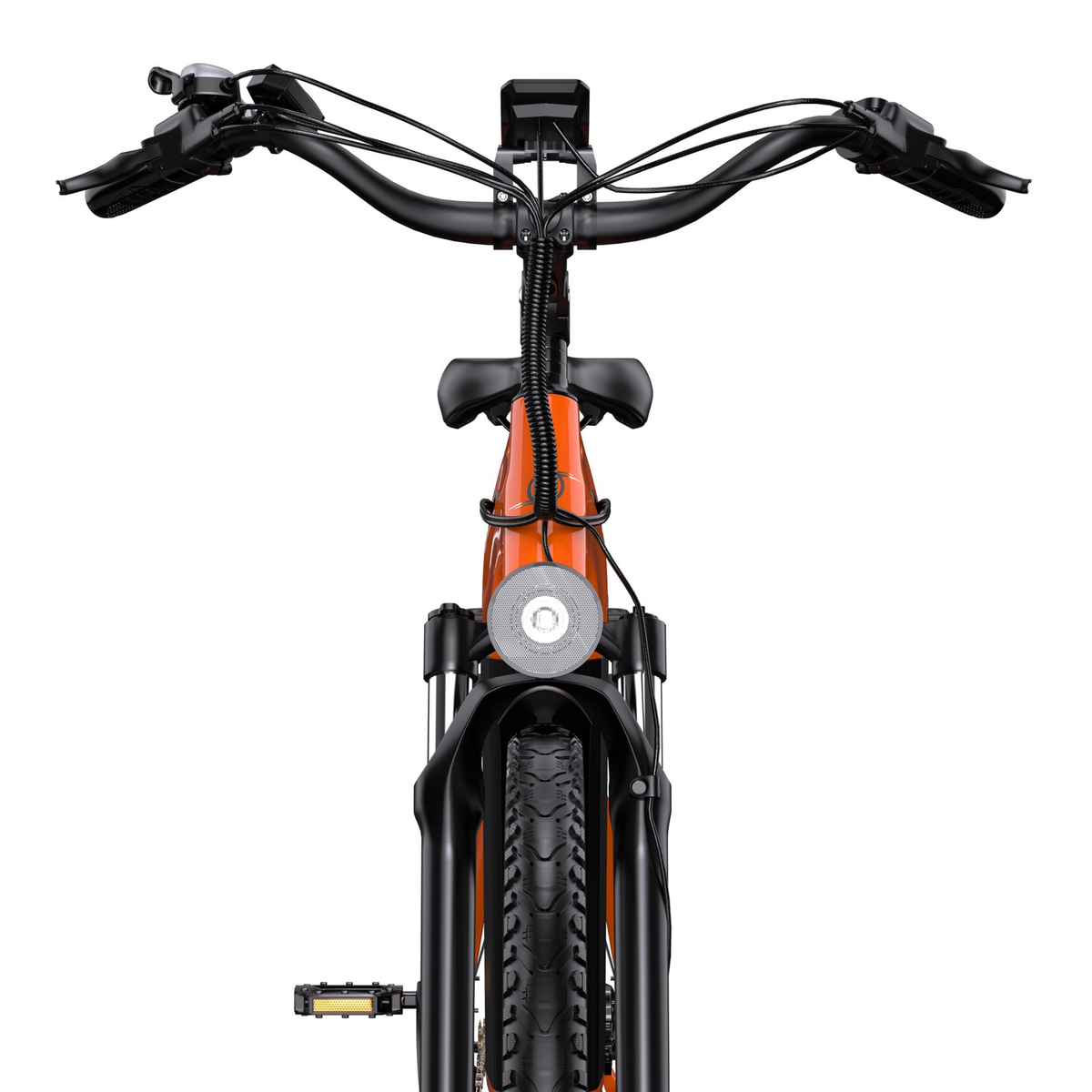 OneSport OT05 Max vu de face avec guidon, écran, phare avant et roue avant