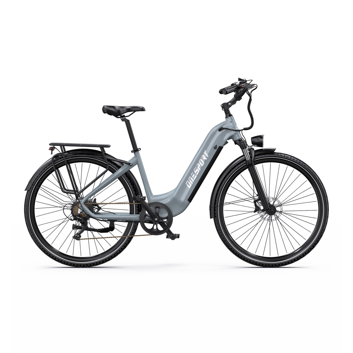 Vélo électrique gris OneSport OT05 Max à cadre bas, vu de côté