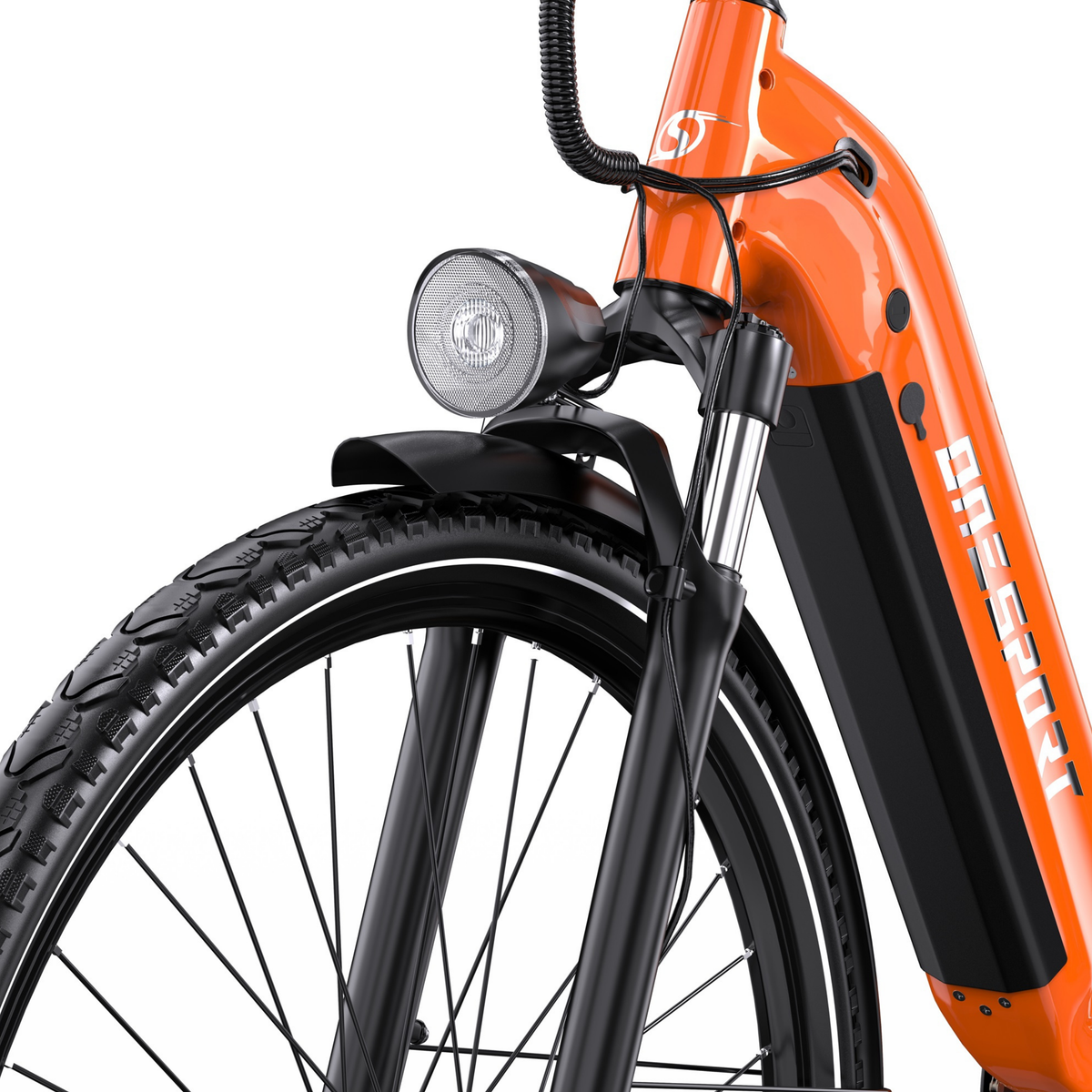 Gros plan sur le OneSport OT05 Max avec cadre orange, batterie sur le cadre, phare avant et garde-boue avant
