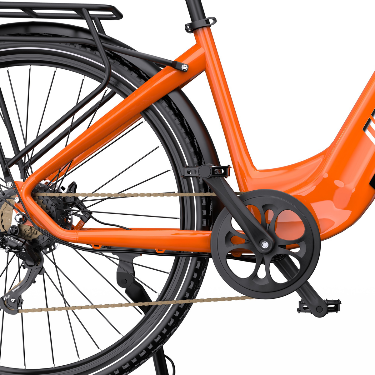 OneSport OT05 Max, cadre orange vu de côté avec roue arrière, porte-bagages, chaîne et pédalier