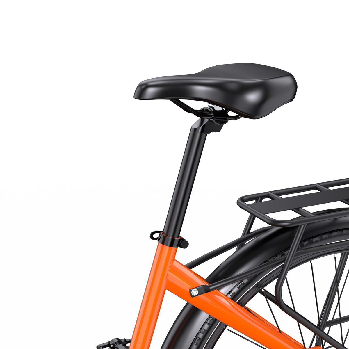 OneSport OT05 Max, gros plan sur la selle noire, la tige de selle, le cadre orange et le porte-bagages arrière