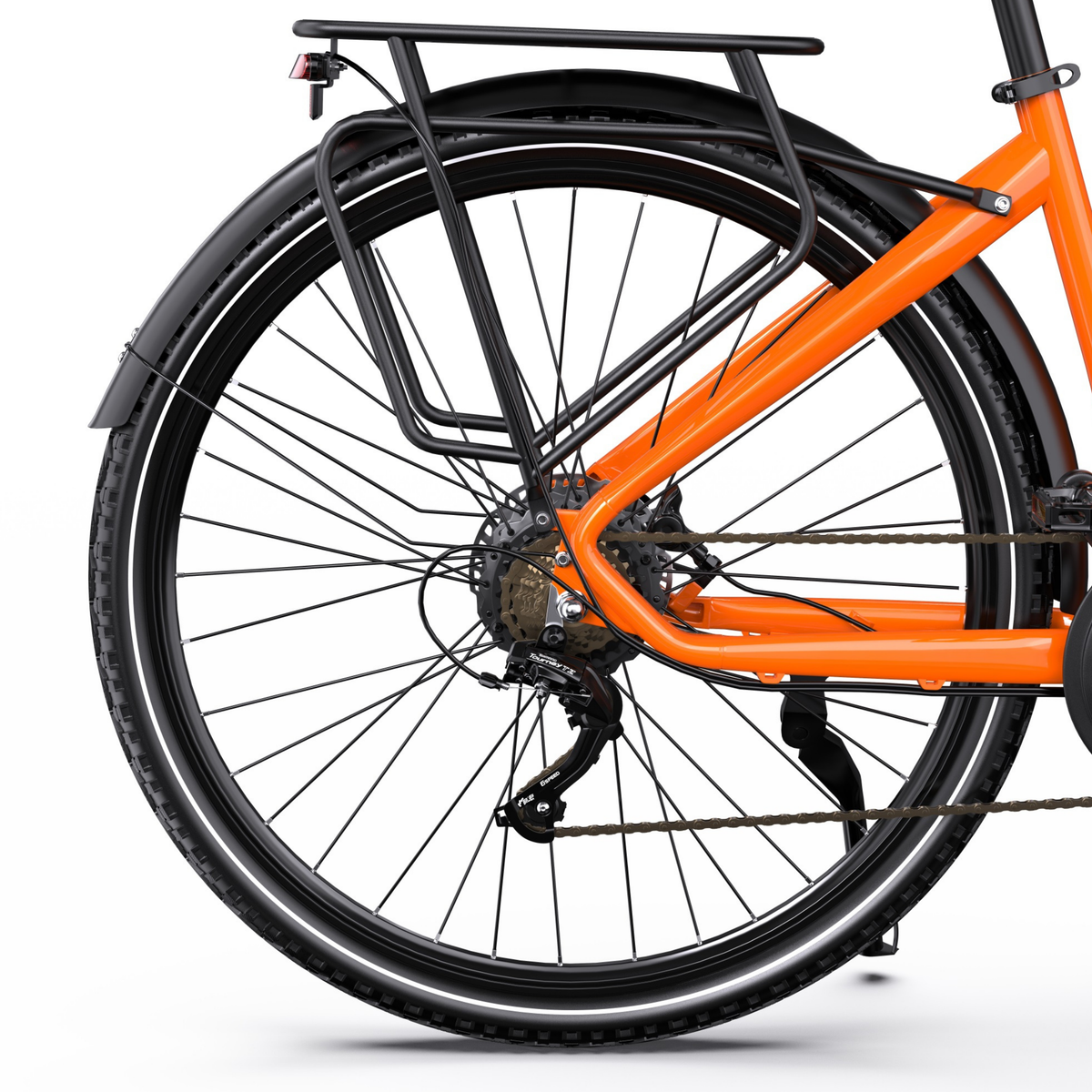 Partie arrière du OneSport OT05 Max avec porte-bagages noir, garde-boue, chaîne et cadre orange