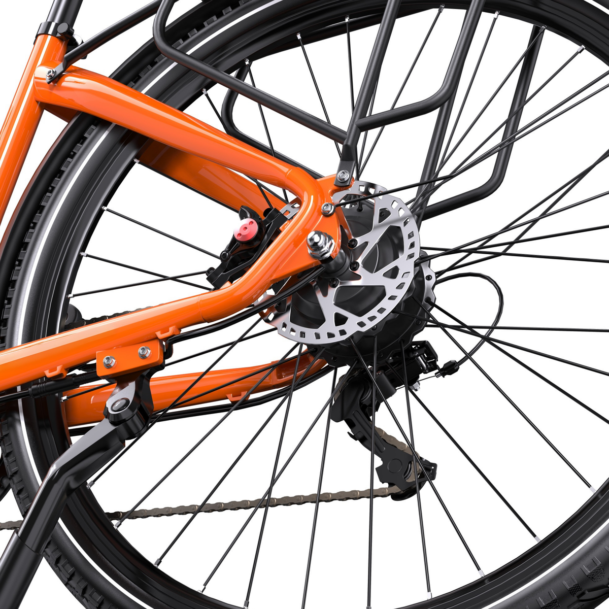 OneSport OT05 Max, gros plan sur le moyeu de la roue arrière avec disque de frein, étrier, dérailleur et béquille
