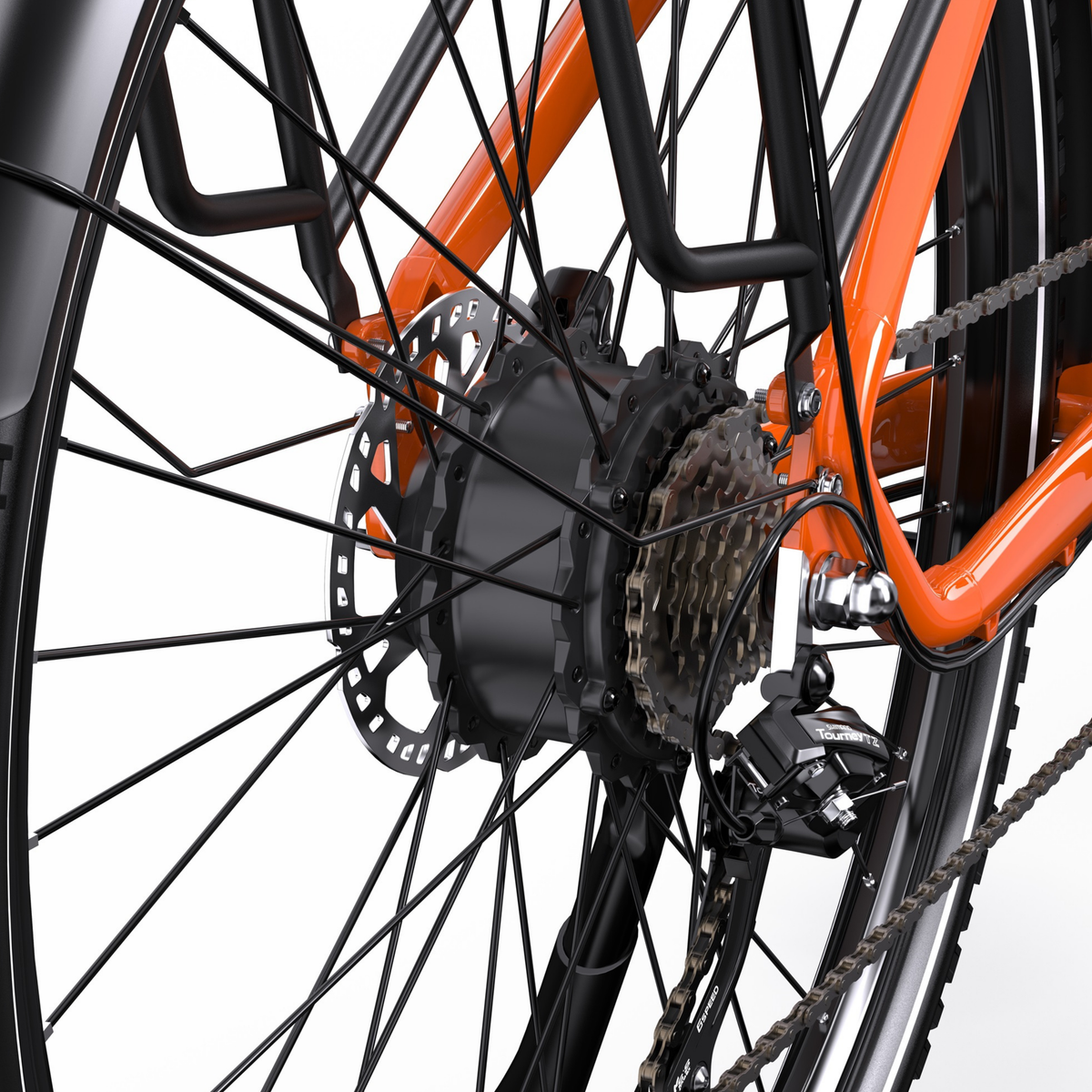 OneSport OT05 Max, gros plan sur le moyeu de la roue arrière, le disque de frein, la cassette et le dérailleur arrière