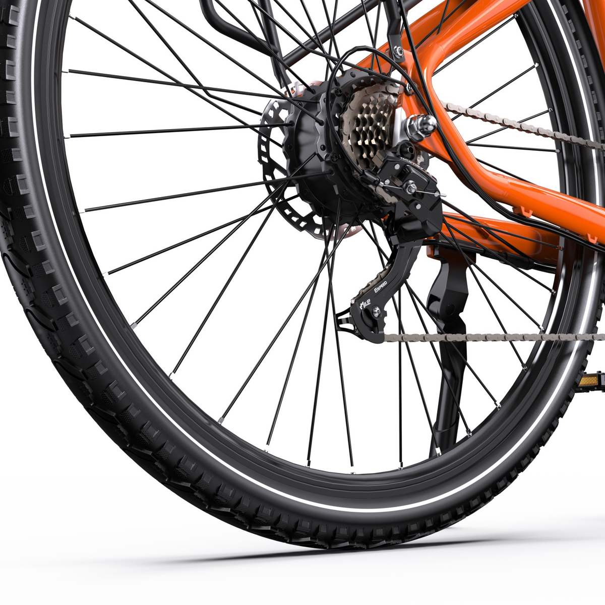 OneSport OT05 Max, roue arrière avec pneu, cassette, dérailleur et béquille latérale vus de côté