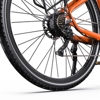 OneSport OT05 Max, roue arrière avec pneu, cassette, dérailleur et béquille latérale vus de côté