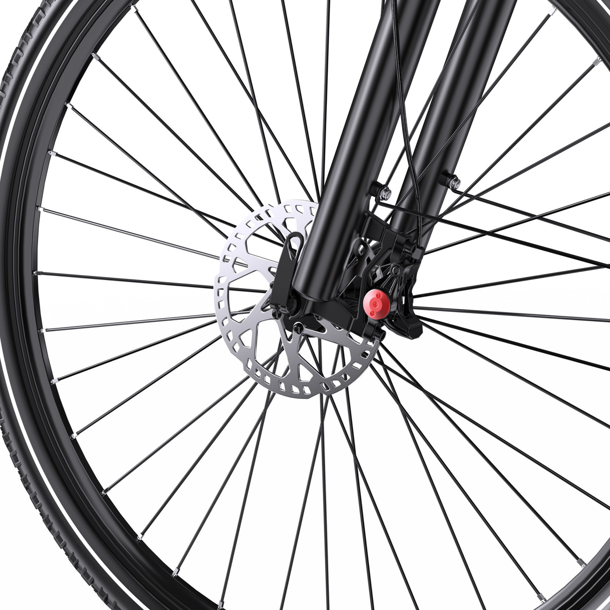 OneSport OT05 Max, gros plan sur la roue avant avec disque de frein, étrier et fourche avant noire