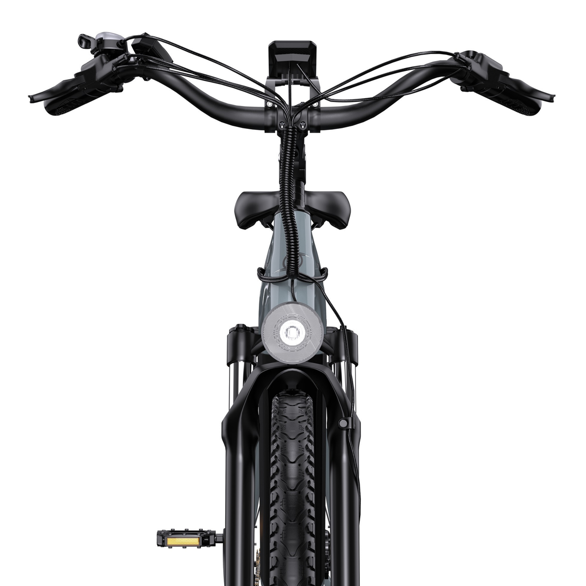OneSport OT05 Max vu de face avec guidon, écran, phare avant et fourche avant