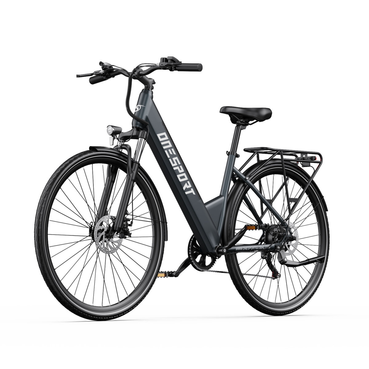 Vélo électrique OneSport OT12 Pro vu de trois quarts avant avec cadre à enjambement bas, porte-bagages et freins à disque