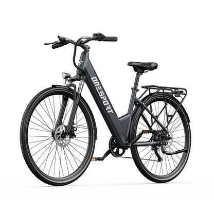 Vélo électrique OneSport OT12 Pro vu de trois quarts avant avec cadre à enjambement bas, porte-bagages et freins à disque