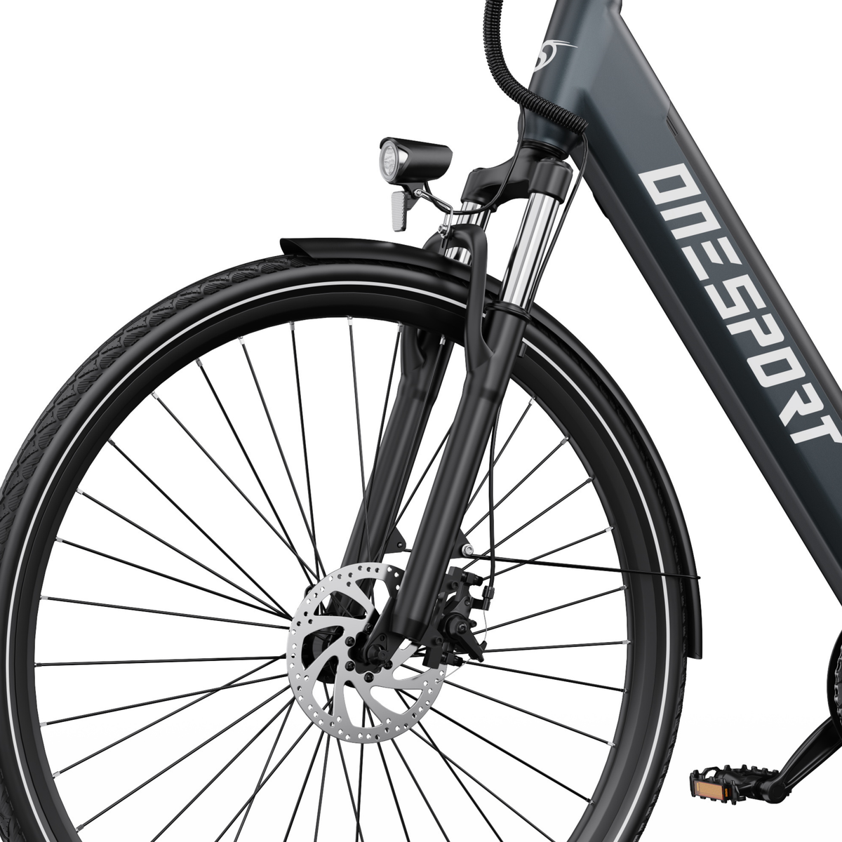 Roue avant du OneSport OT12 Pro avec frein à disque, fourche avant, garde-boue et phare