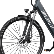 Roue avant du OneSport OT12 Pro avec frein à disque, fourche avant, garde-boue et phare