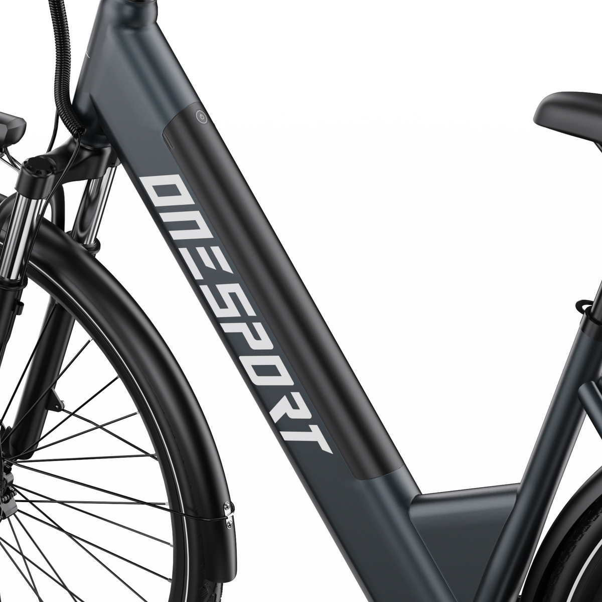 OneSport OT12 Pro, gros plan sur le cadre avec boîtier de batterie, fourche avant et garde-boue avant