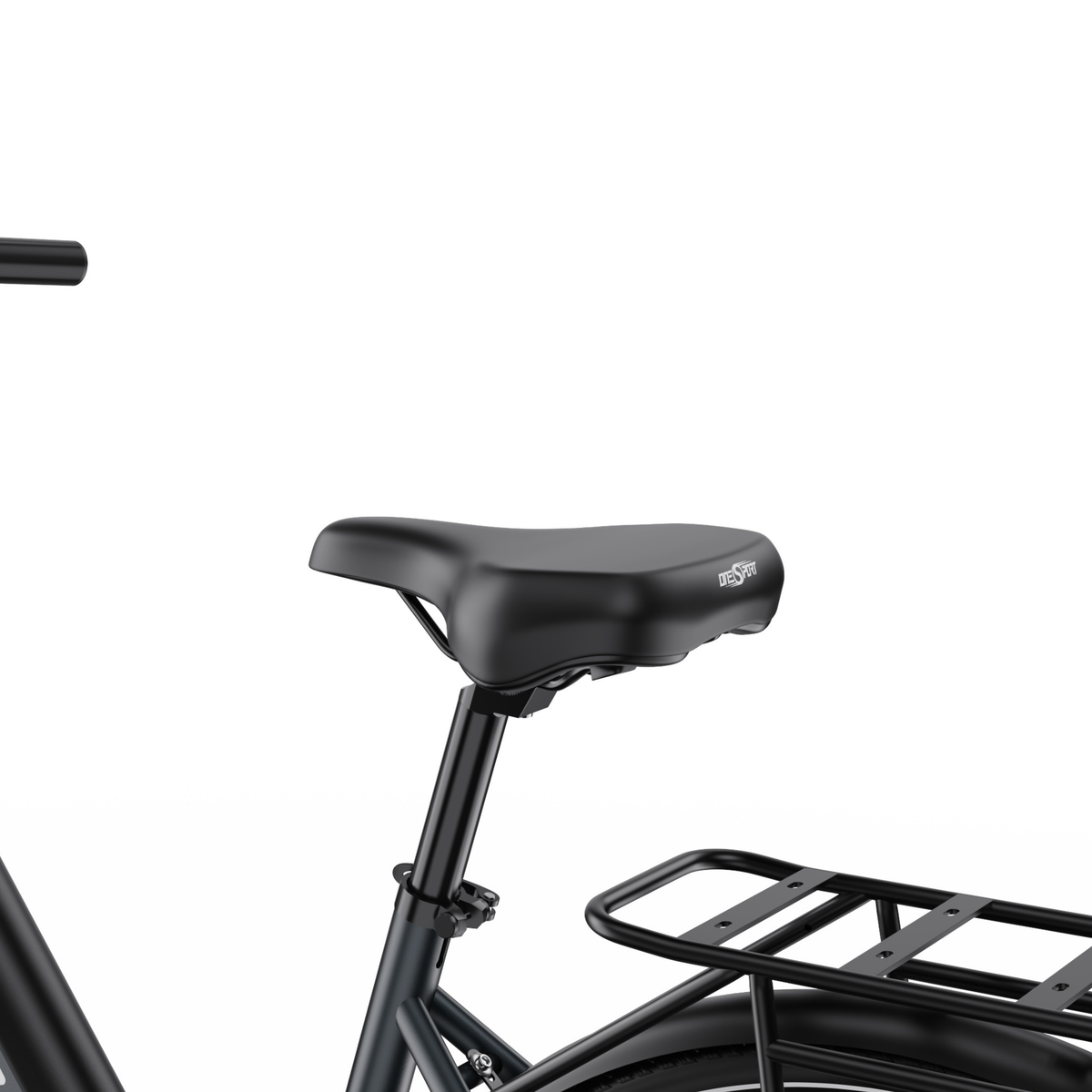 OneSport OT12 Pro, gros plan sur la selle, la tige de selle et le porte-bagages
