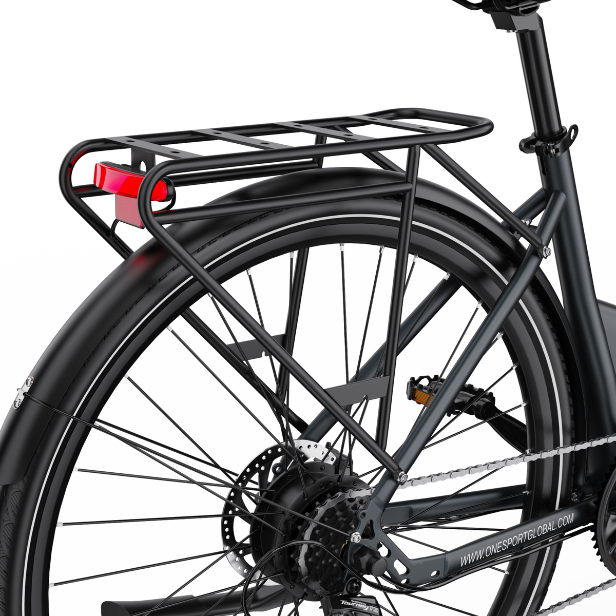 OneSport OT12 Pro vu de l'arrière avec porte-bagages, feu arrière, garde-boue et roue arrière