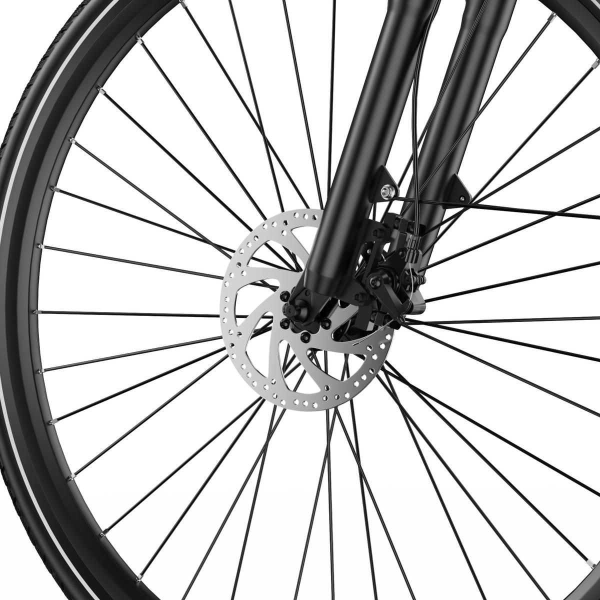OneSport OT12 Pro, gros plan sur le frein à disque de la roue avant, la fourche avant et les rayons