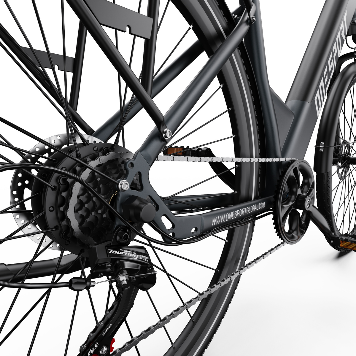 Moyeu de roue arrière du OneSport OT12 Pro avec chaîne, cassette et commande de vitesses Shimano Tourney