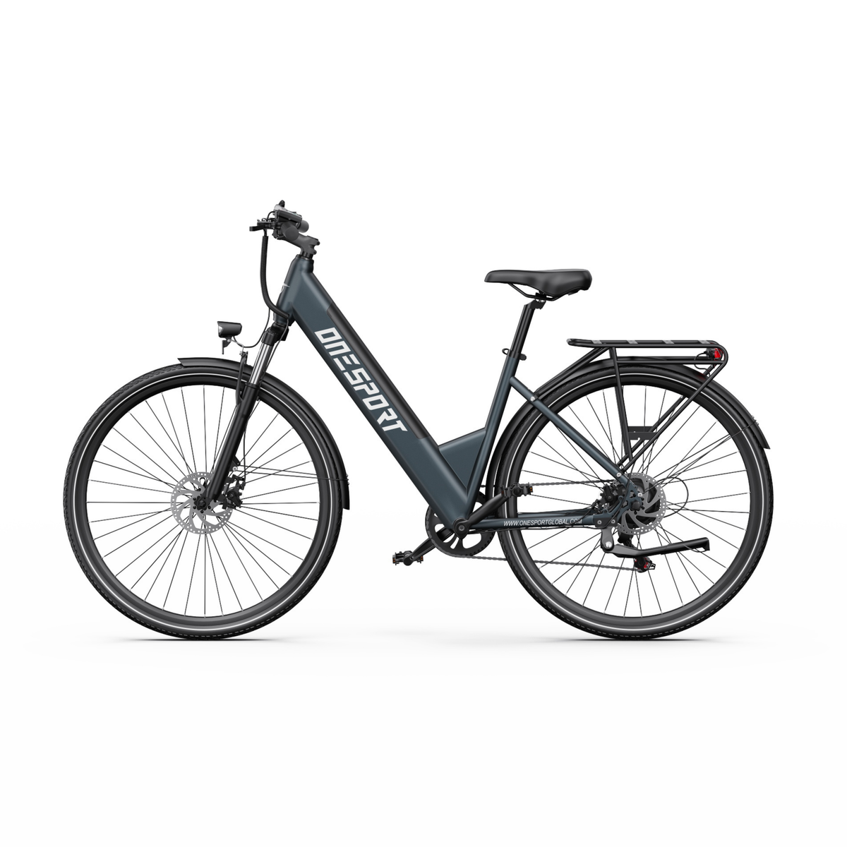 Vélo électrique OneSport OT12 Pro vu de profil avec cadre à enjambement bas, selle et porte-bagages