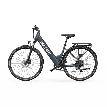 Vélo électrique OneSport OT12 Pro vu de profil avec cadre à enjambement bas, selle et porte-bagages