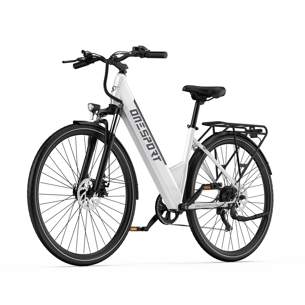 OneSport OT12 Pro, vélo électrique blanc à cadre bas, vue de trois quarts avant avec porte-bagages et garde-boue