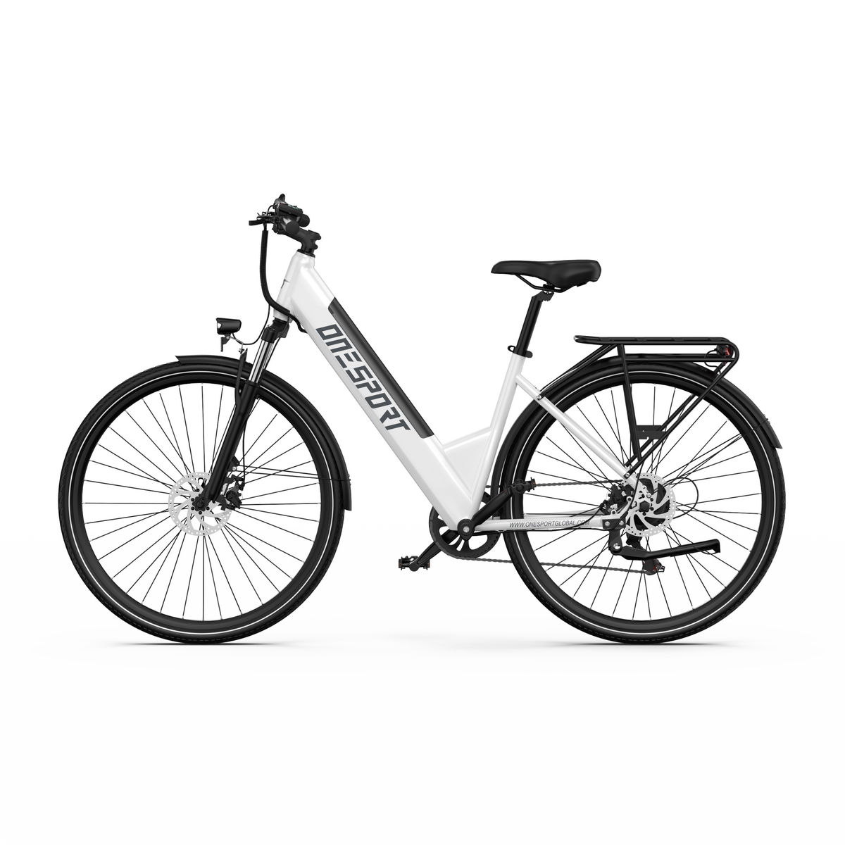 OneSport OT12 Pro, vélo électrique blanc à cadre bas, vu de profil